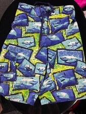 Hang Ten boys youth size Large Blue  white Shark Swim Trunks lined Board Shorts