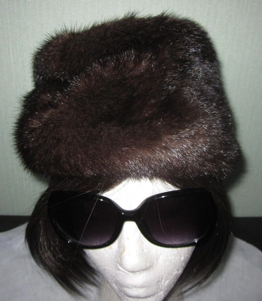Sombrero de mujer estilo cubo de piel real visón marrón oscuro de colección, 21"