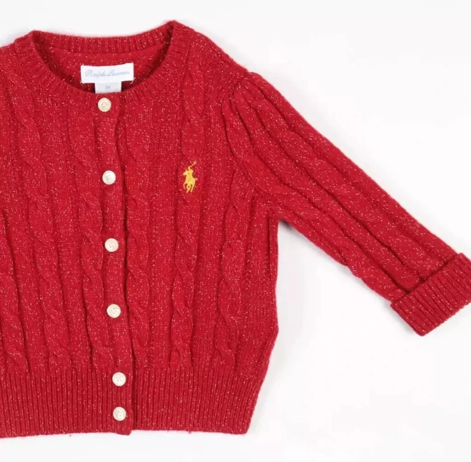 Suéter cardigã Polo Ralph Lauren bebê malha cabo vermelho ouro pônei mistura de lã - Imagem 4 de 4