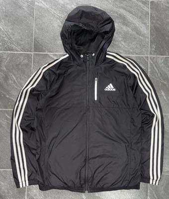 adidas Herren Windbreaker Jacke Schwarz/Weiß Nylon RV Kapuze Taschen Größe L