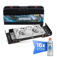 Doppel Kartuschenkocher 2 Flammig Outdoor Gas Campingkocher + 16X Gaskartuschen