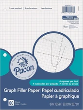 Pacon Filler Paper, White, 3-Hole Punched, 1/4" Grid Ruled 8" x 10-1/2", 80 Shee