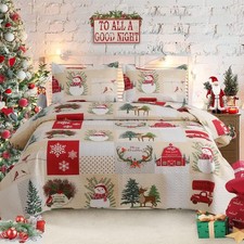 Christmas Quilt Set King Size Xmas Red Beige Plaid Snowman King, Car