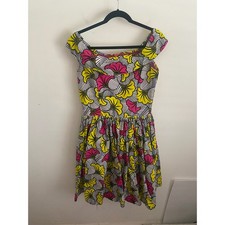 Women's Ankara Floral Print Off Shoulder Fit Flare Dress Yellow Pink