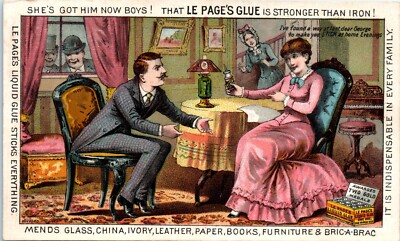 Le Page's Liquid Glue Trade Card Humor Russia Cement Co Gloucester, MA Flirting