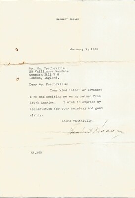 Herbert Hoover (gewählter US-Präsident) handsignierter Brief vom Januar 1929. AFTAL COA