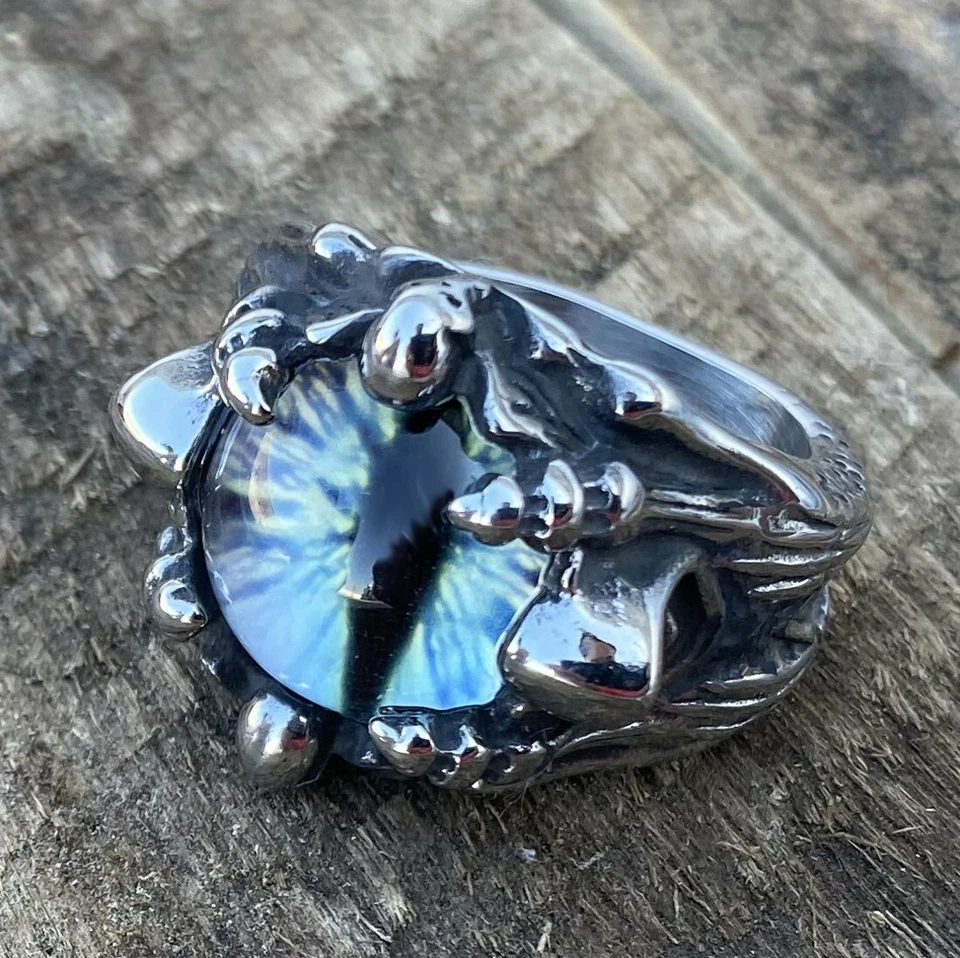 MENDEL Cool Mens Stainless Steel Dragon Claw Blue Evil Eye Eyeball Ring Sz 7-15 - Image 4 of 4