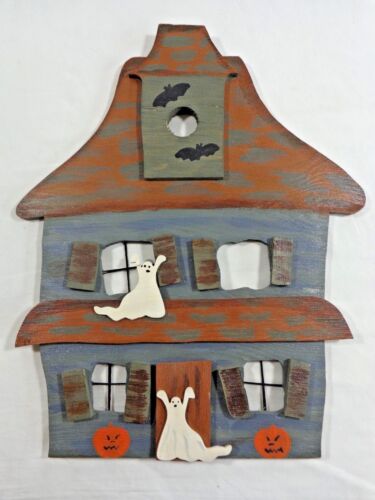 HAUNTED HOUSE Wall Hanging 14" x 11" Wood Ghosts Pumpkins Bats Halloween Decor - Picture 1 of 3