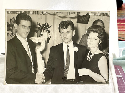 Vintage 5x7 Studio Photo Of Men Shaking Hands At A Wedding & Woman With Necklace
