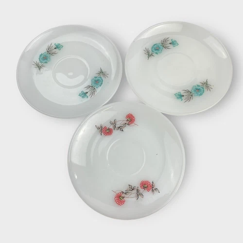 Set of 3 Fire King VTG Saucer Plates White Blue Pink Floral Print Mismatched