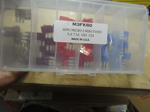 60 FUSES,15,10,7.5 & 5 AMP,3 BLADES MICRO 3 MINI FUSE IN A BOX,MADE IN USA.4.9. - Picture 2 of 8