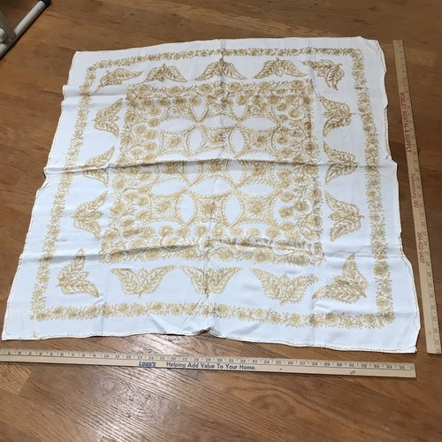 Vintage White With Gold Embroidered Pattern, 36 L Square Tablecloth ; Stain