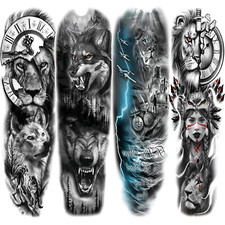 Lion Wolf Temporary Tattoo Sleeve, Large Full Arm Animal Tribal Fake Tattoos Sle
