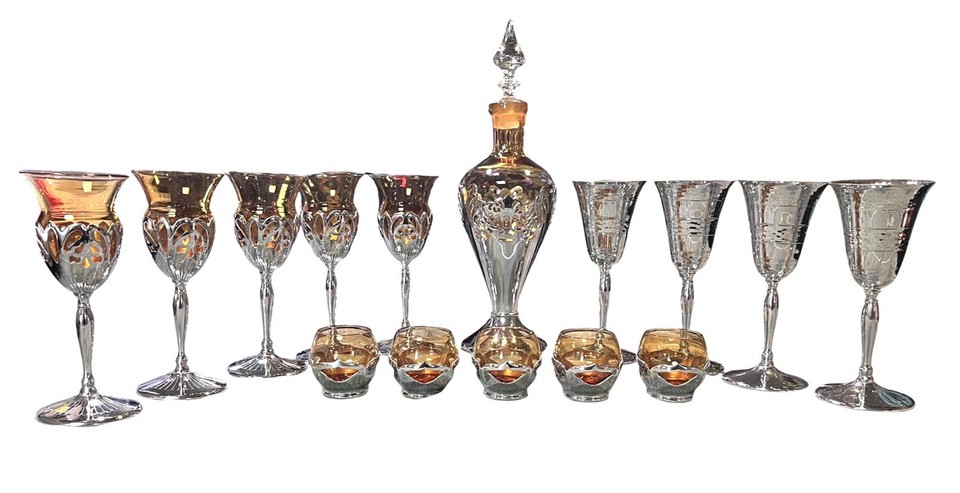Farber Bros Krome Kraft Amber Art Deco Decanter 15pc Cordial Stemware Set