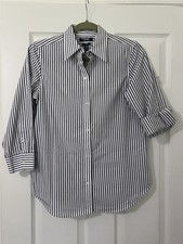 Chaps Non-Iron 100% Cotton Women's S Classic Fit Blue/White Striped 3/4 sleeve