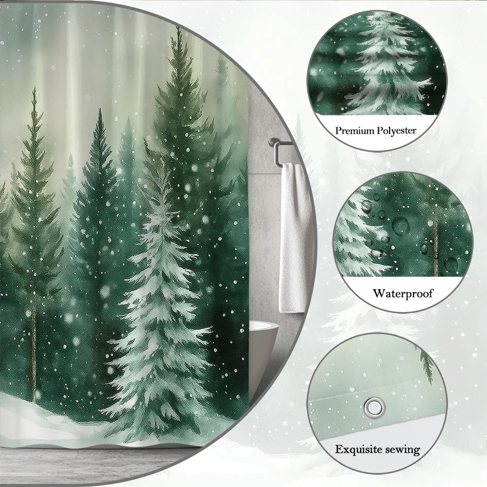 Bosque de pinos nevados invierno verde acuarela naturaleza bosque arte cortina de ducha Foto 2 de 4
