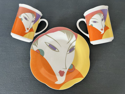 3 pcs Vintage Sango 1986 Larry Laslo Visage Collection 8.5'' Plate and 2 Mugs