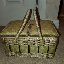 Twin Lid Sewing Basket with Removable Tray New Green Floral 28x22x18cm