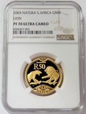 2003 GOLD SOUTH AFRICA 50 RAND LION NATURA 1/2 oz NGC PROOF 70 ULTRA CAMEO 4642.88 per troy oz
