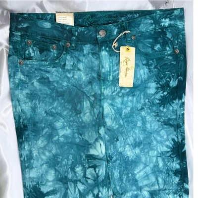 Royal Premium Megan Jeans Women 14 Green Cotton Tie Dye Skinny Leg Lapis Boho