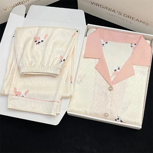 Pijama Seda Hielo Mujer Pijama Primavera Manga Larga Hogar Set - Imagen 43 de 49