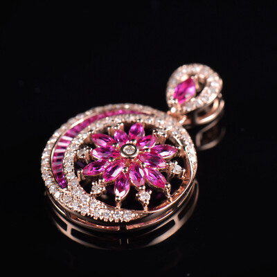 Solid 14k Red Corundum Rose Gold Diamond Retro Style Pendant