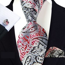Classic Paisley Silver Black Jacquard Silk Men's Tie Necktie Hanky Cufflink Set