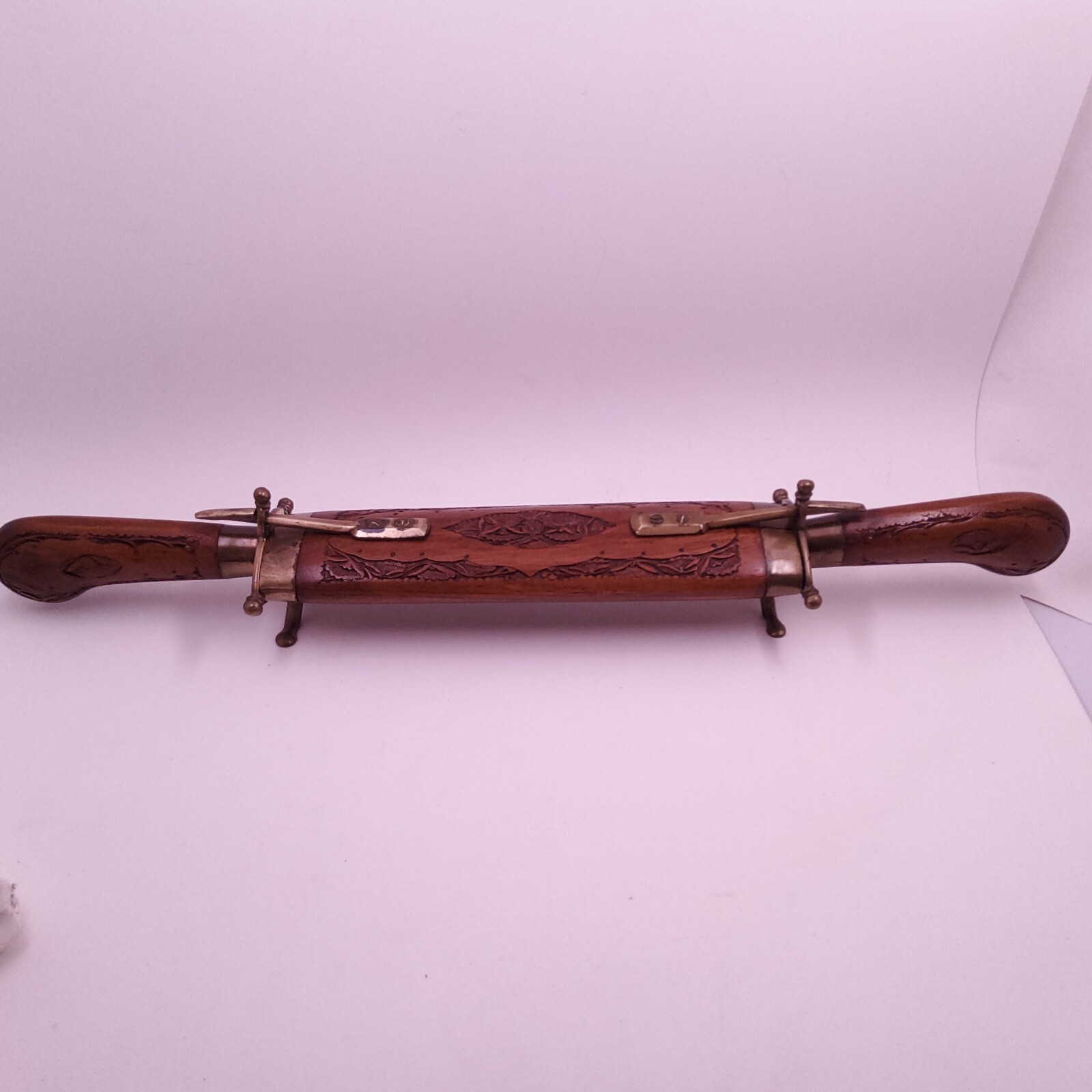 Vintage Hand Carved Wood and Brass Meat Carving Set Knife/Fork Made In India