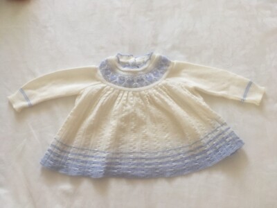 Vintage 80er Mothercare creme & blau Strickkleid Alter 3-6 Monate 70 cm adrett