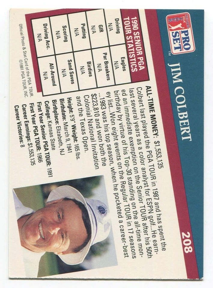 1991 Pro Set PGA Tour Golf Jim Colbert Signed Card Autographed #208 - Image 2 of 2