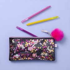More Than Magic Galaxy Pencil Pouch Black Outer Space Theme w/Pom-Pom Zip, NWT