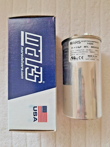 Mars Round Motor Run Kondensator 70/5 MFD 440/370 VAC Aluminium 14255, USA, NEU - Bild 1 von 4