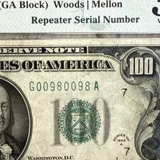 Fancy Serial Number (Repeater 00980098) 1928A $100 FRN Fr#2151G PMG30EPQ