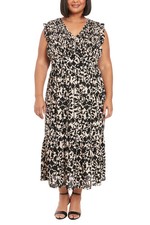 London Times V-Neckline Ruffled Sleeve Tea Length BLACK CREAM Dress 18W