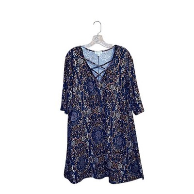Espresso Women's 2X Navy Blue Paisley Boho Print Lattice Neck 3/4 Sleeve Dress