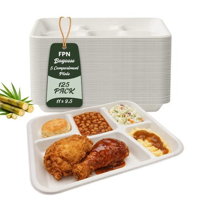 FPN 5-Compartment Plates Meal Trays, Heavy-Duty, Unique Design Plates, 125/150