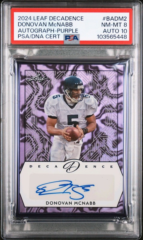 PSA 8 Auto 10 - DONOVAN McNABB #/5 - 2024 Leaf Decadence Autograph PURPLE  - DNA