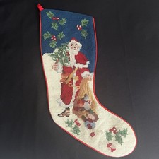 Vintage Handmade Wool Needlepoint Christmas Stocking Santa Tree Gifts Excellent