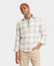 NWT Goodfellow  Co sz L Mid Weight Cream Plaid Flannel Button up Shirt 3482