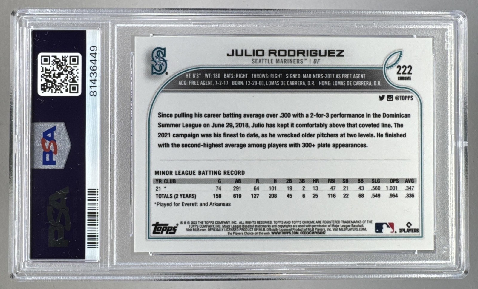 81436449 Julio Rodriguez 2022 Topps Chrome #222 Refractor Rookie SP RC PSA 10 view 2