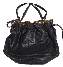 Tory Burch Linden Black Gold Tone Studded Tote Bag Dual Flat Straps Mirror
