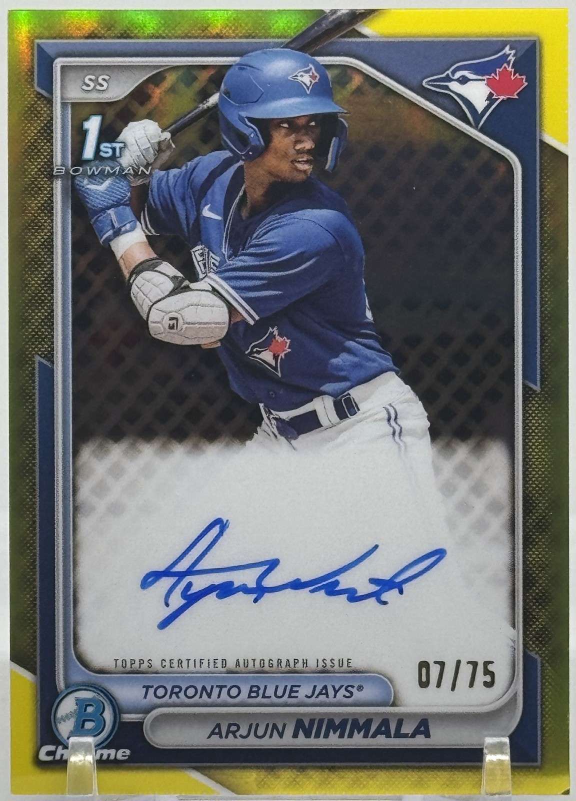 2024 Bowman Arjun Nimmala Chrome 1st Yellow Refractor Auto /75 #CPA-AN Blue Jays
