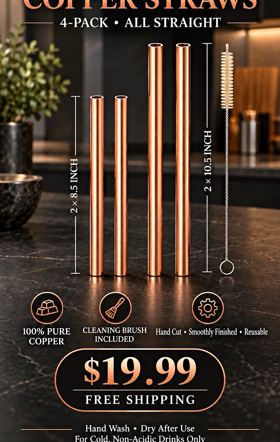 Hand Finished Pure Copper Reusable Straight Straws 4-Pack w/ Brush 8.5/10.5"
