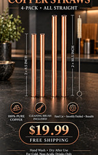 Hand Finished Pure Copper Reusable Straight Straws 4-Pack w/ Brush 8.5/10.5"