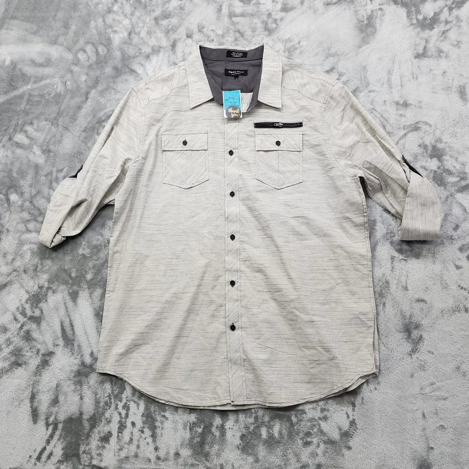 NEW Eighty Eight Platinum Shirt Mens XXL Gray Striped Cotton Button Up Roll Tab - Image 2 of 4
