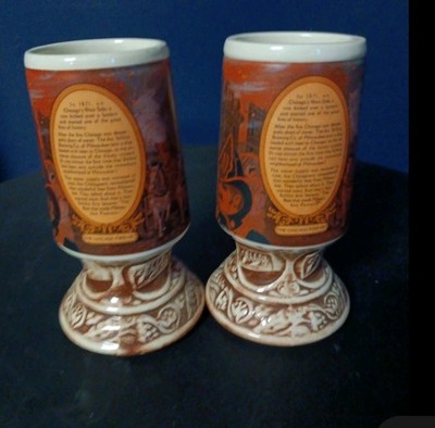 Set of 2 Ceramic Beer Mugs/Steins Brown Orange Village Scene Pedestal Breweriana