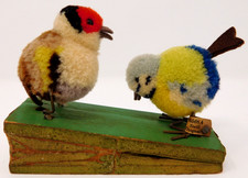 VNTG RARE 1932-43 Steiff 8508,2 CHIRP COUPLE 2 Woolen Pom Birds Wood Toy 2 IDs