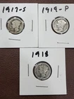Lot of 3 Mercury Dimes 1917-S 1918 1919-P – 90% Silver – Early Dates