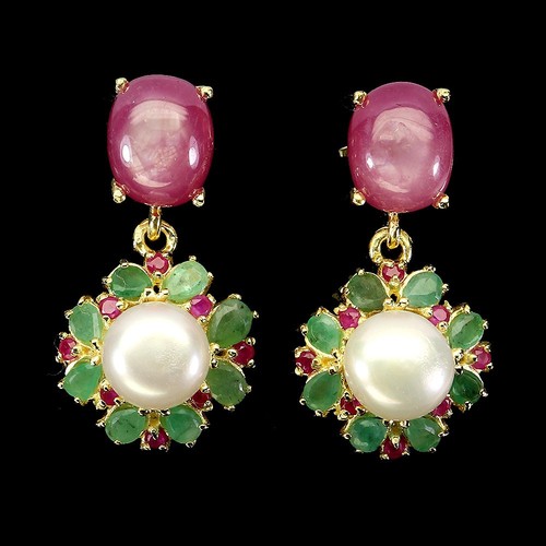 Summer 925 Silver Earrings Oval Ruby 10x8mm Emerald Pearl Gemstone Jewelry