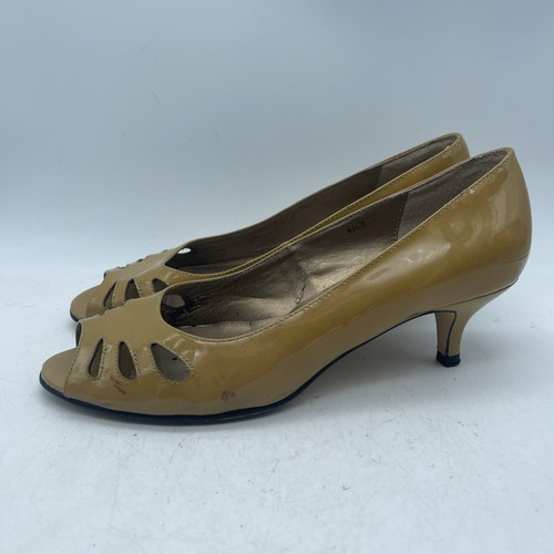 Vintage Ditto By Van Eli Mustard Faux Patent Kitten Heel Pumps Peep Toe Size 6.5 - Picture 5 of 14